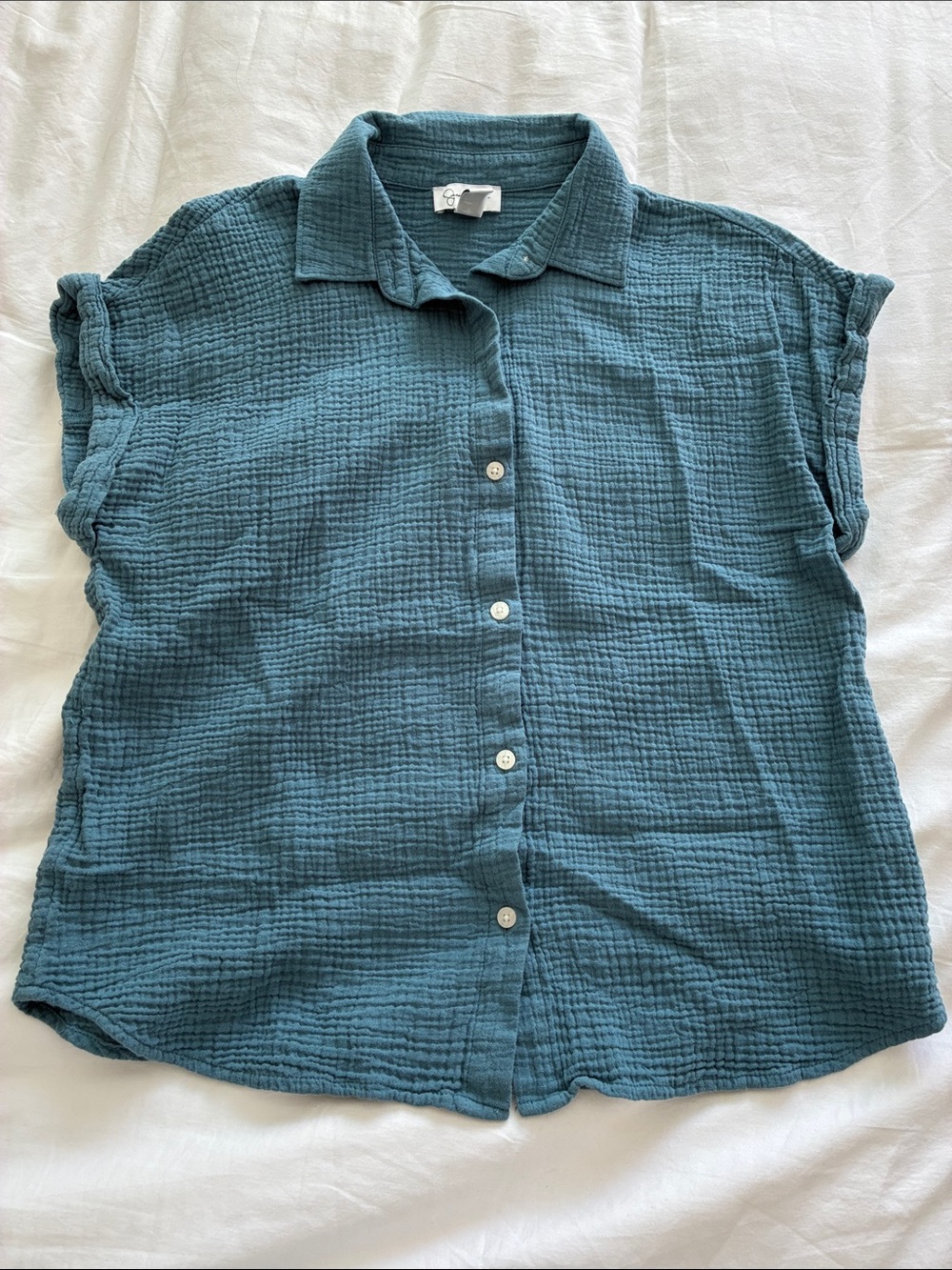 Teal Blue Gauze Button-Up Short Sleeve Shirt